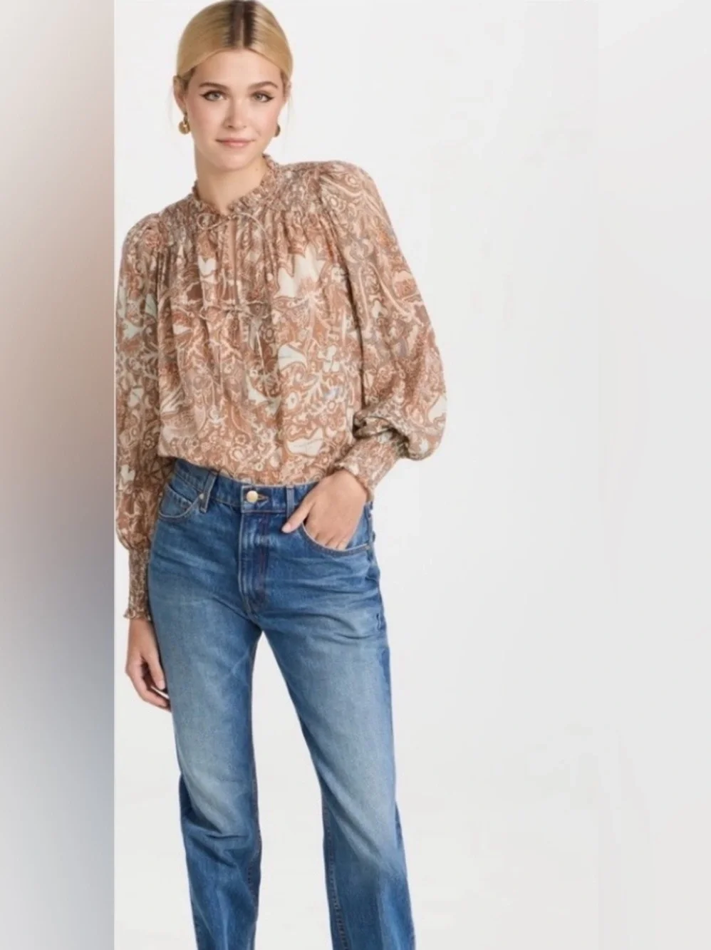 Ulla Johnson Taupe & Cream Paisley Tie-Neck Blouse